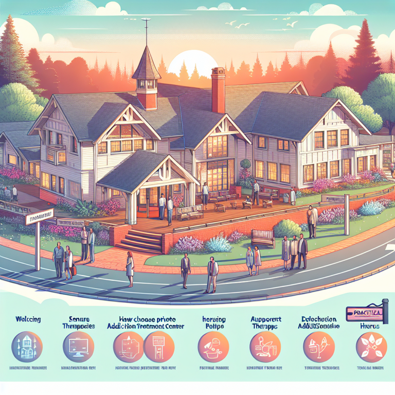 Scena z centrum leczenia uzależnień otoczonego zielenią, z ludźmi spacerującymi dookoła.