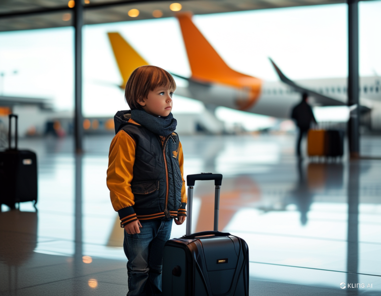 Chłopiec z walizką na lotnisku