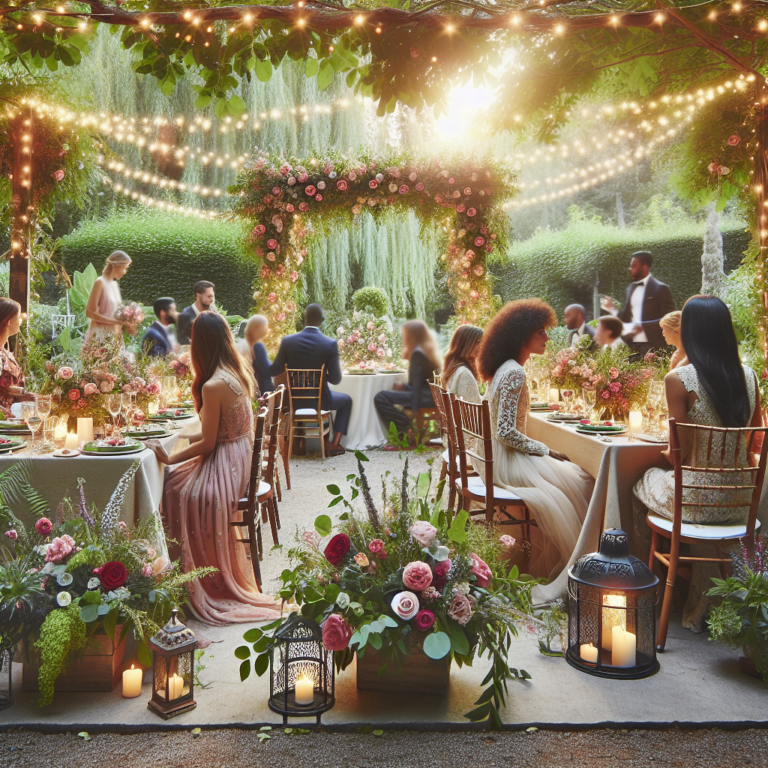 Romantyczne wesele w ogrodzie z dekoracjami kwiatowymi i girlandami świetlnymi