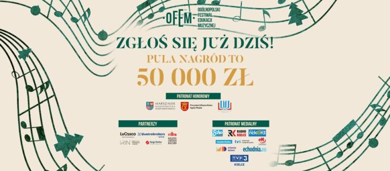 Plakat promujący Ogólnopolski Festiwal Edukacji Muzycznej z informacją o zapisach i puli nagród 50 000 zł.