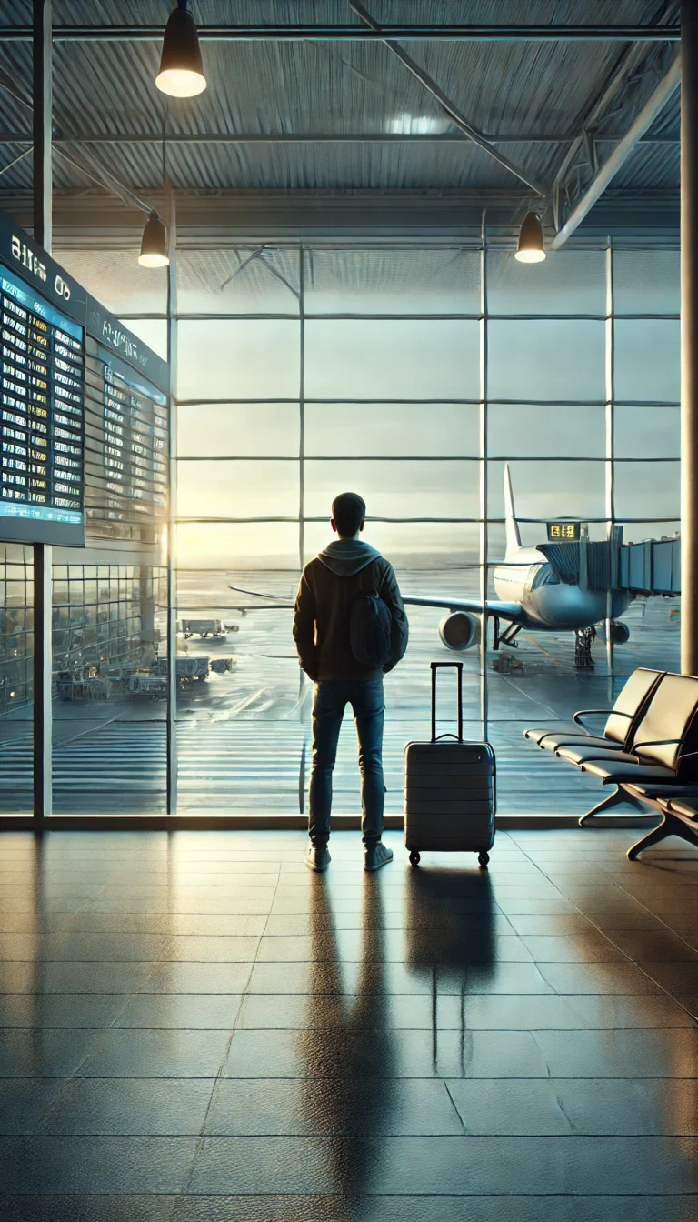 Mężczyzna z walizką w hali lotniska, patrzący na stojący samolot.