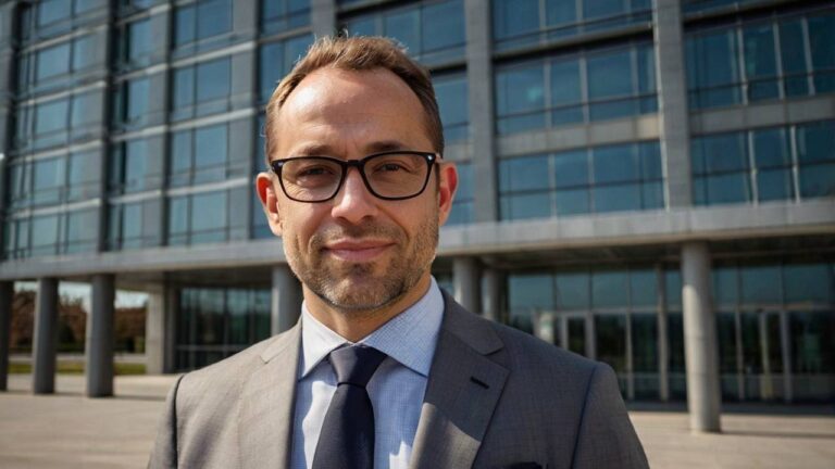 Biznesmen przed modernym biurowcem