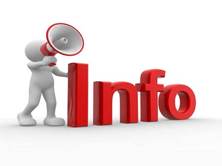 Ludzka postać z megafonem obok słowa 'Info' na białym tle