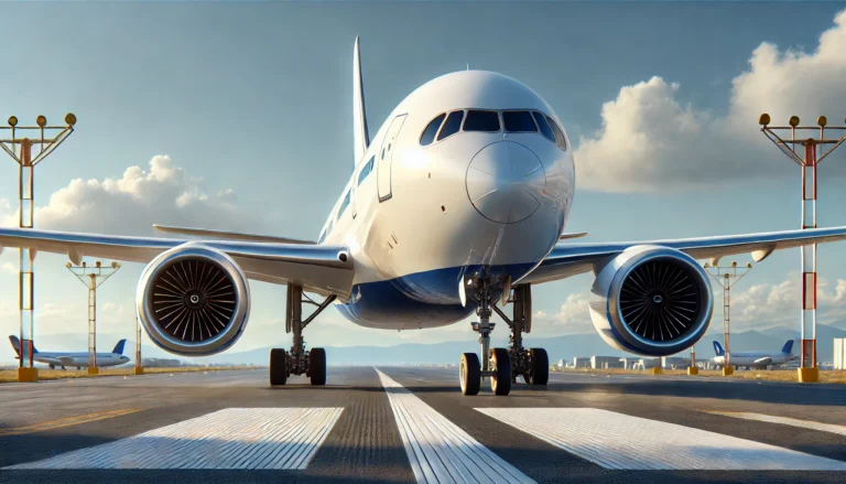 Duży samolot pasażerski na pasie startowym lotniska.