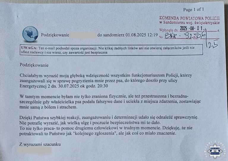„Chciałabym wyrazić moją głęboką wdzięczność wszystkim funkcjonariuszom Policji, którzy zaangażowali się w sprawę pogryzienia mnie przez psa…”