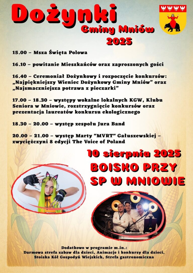 10 sierpnia święto plonów w gminie Mniów. Wystąpi Jura Band i Marta Gałuszewska, zwyciężczyni 8 edycji The Voice of Poland!