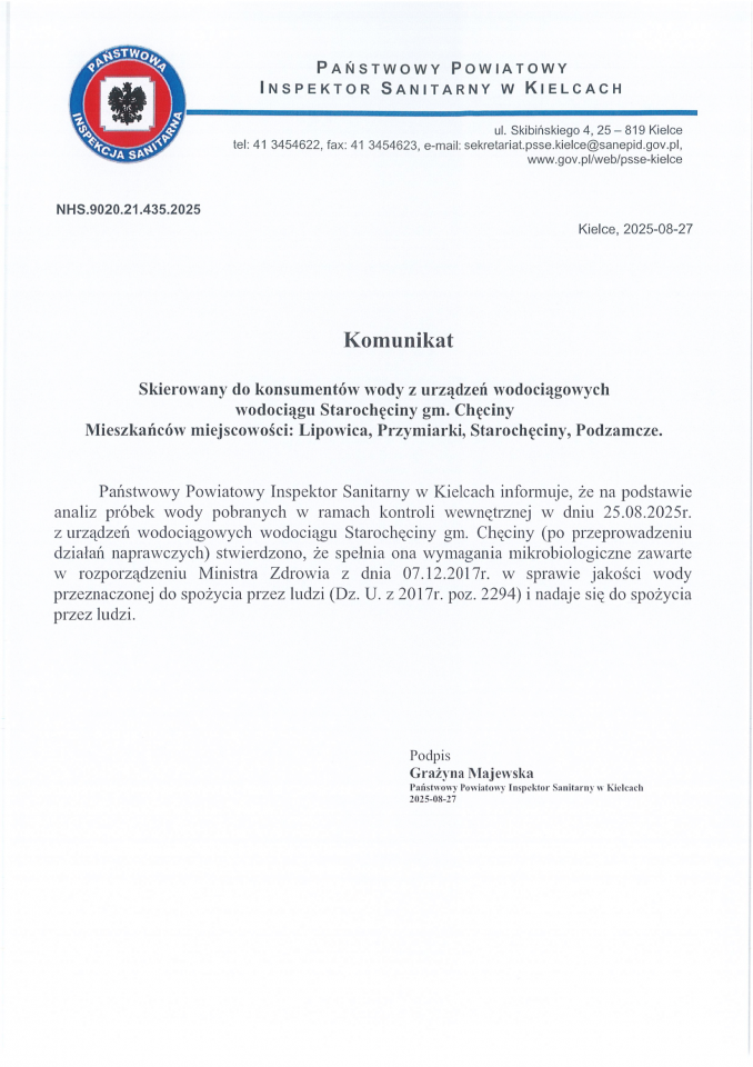 Komunikat o przydatności wody do spożycia z ujęcia Starochęciny