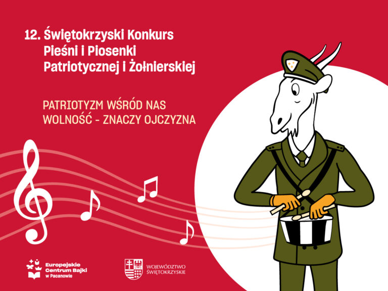 Plakat promujący 12. Świętokrzyski Konkurs Pieśni i Piosenki Patriotycznej i Żołnierskiej z koziołkiem w mundurze i nutami.