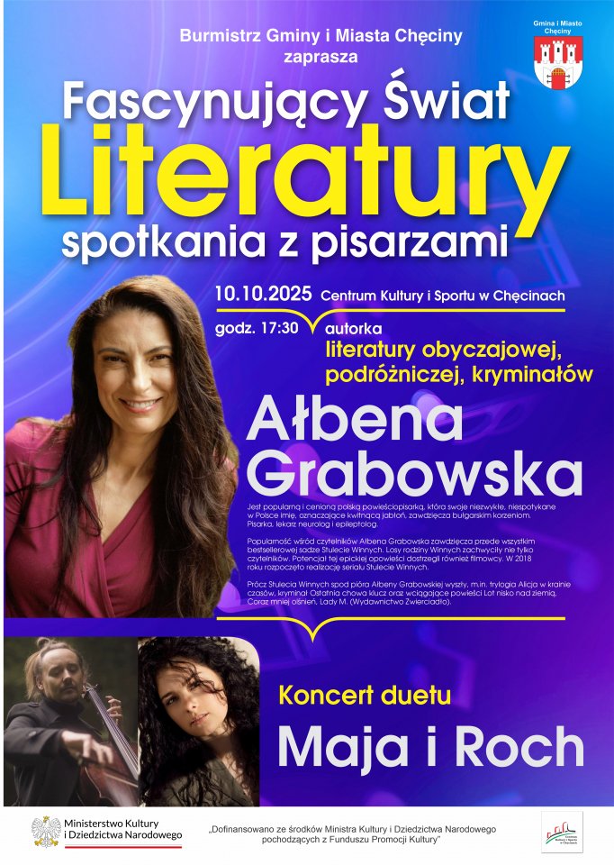 Plakat wydarzenia literackiego z udziałem Ałbeny Grabowskiej i koncertu duetu Maja i Roch.