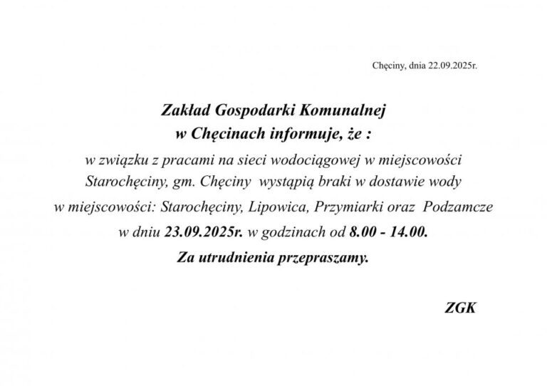 Ogłoszenie o brakach w dostawie wody w miejscowościach Starchęciny, Lipowica, Przymiarki i Podzamcze.