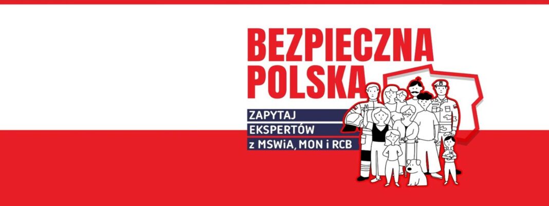 Grafika promująca kampanię 'Bezpieczna Polska' z postaciami i informacjami o MSWiA, MON i RCB.