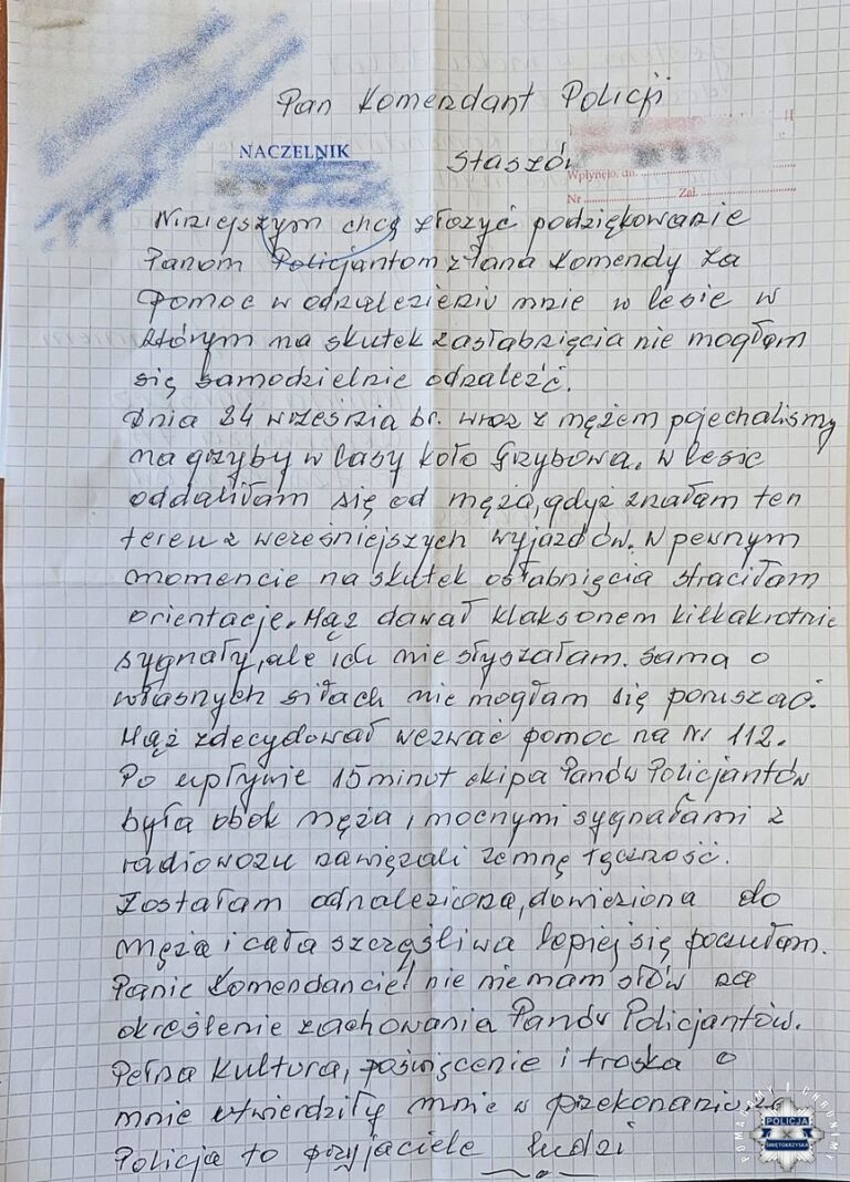 Ręcznie napisany list z podziękowaniami dla policjantów