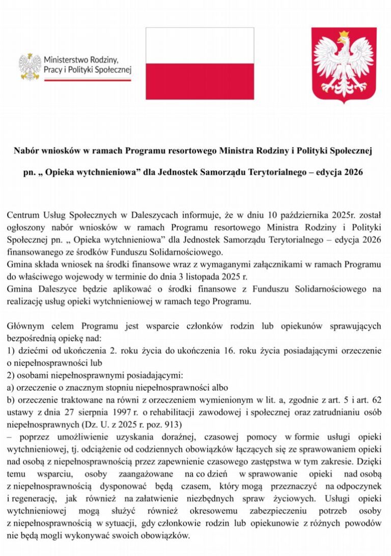 Nabór wniosków w ramach Programu resortowego Ministra Rodziny i Polityki Społecznej pn. "Opieka wytchnieniowa" dla Jednostek Samorządu Terytorialnego – edycja 2026