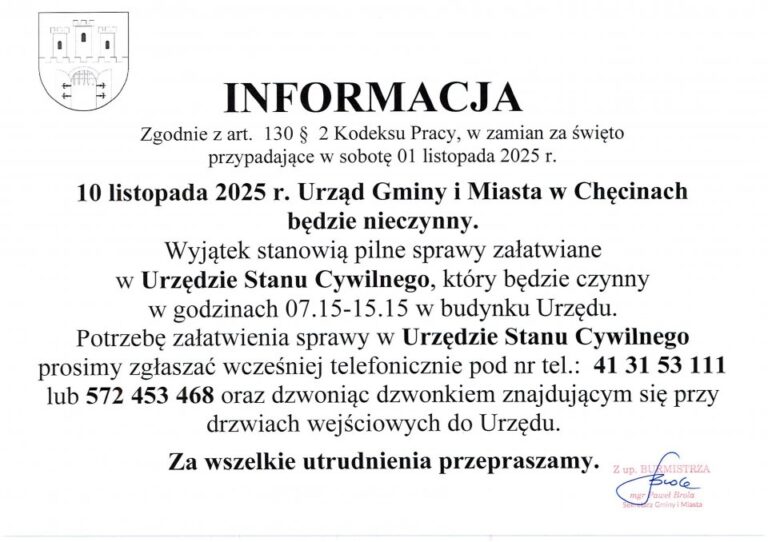 10.11.2025 Urząd Gminy i Miasta w Chęcinach będzie nieczynny.