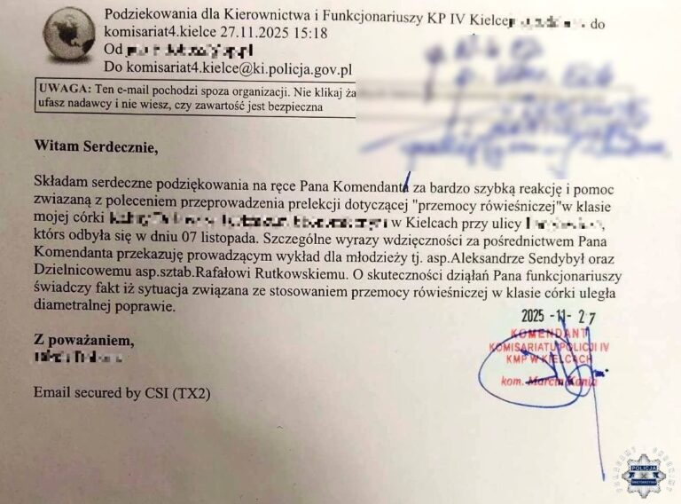 Podziękowania za przeprowadzenie prelekcji dotyczącej przemocy rówieśniczej