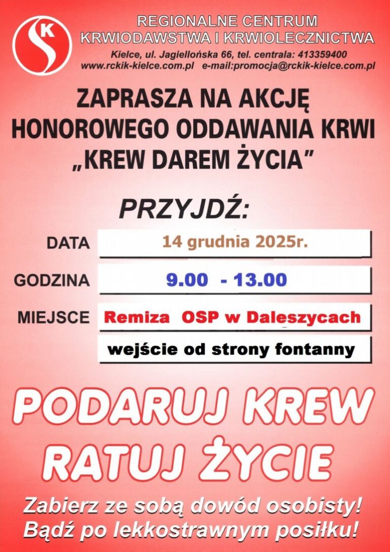 Zapraszamy na akcję honorowego oddawania krwi "Krew darem życia"