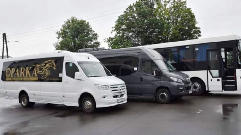 Trzy busy stojące na parkingu, w tym jeden z logiem Parka.