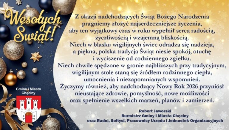 Kartka świąteczna od samorządu Gminy i Miasta Chęciny z życzeniami bożonarodzeniowymi i noworocznymi