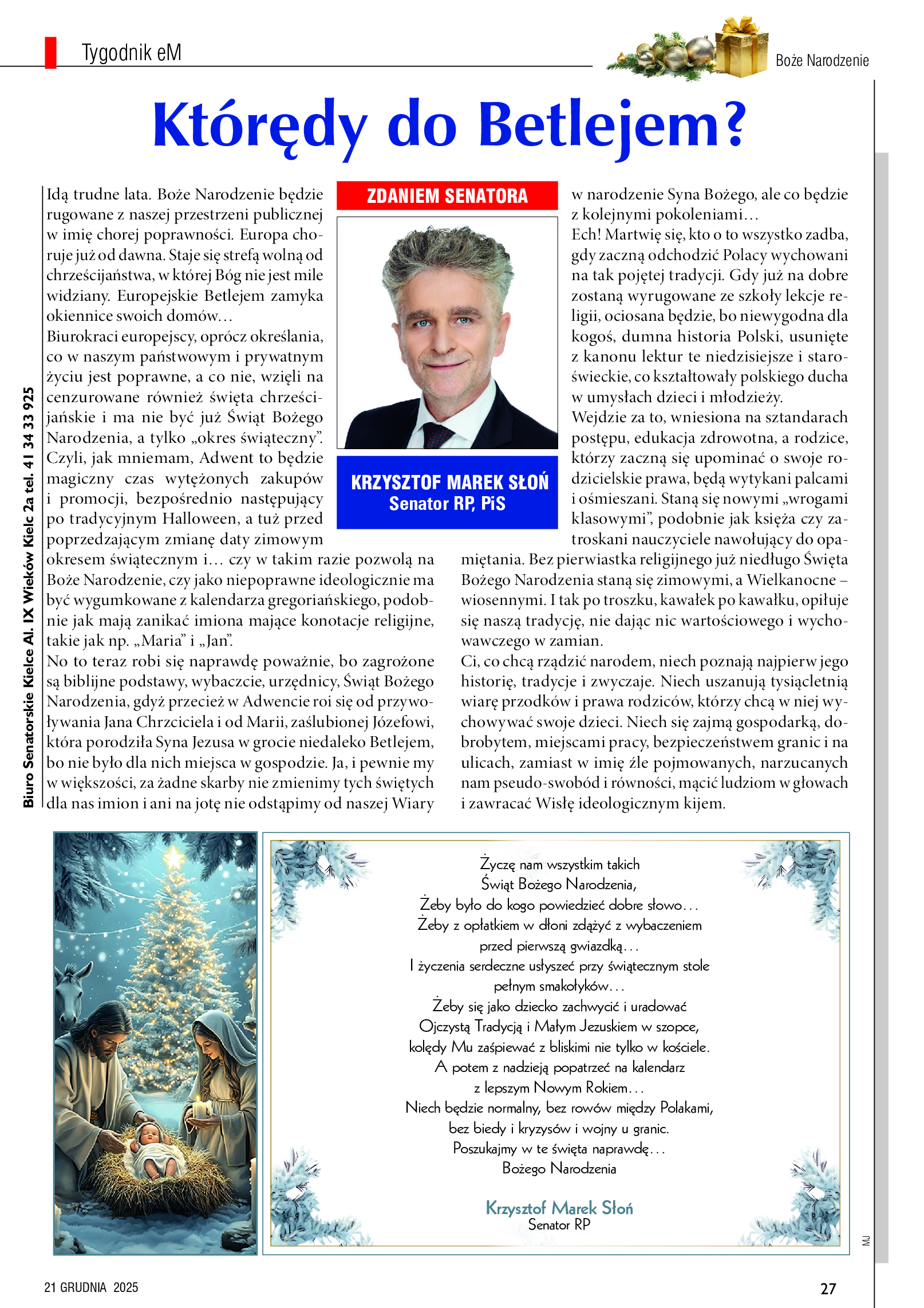 Życzenia Bożonarodzeniowe od senatora Krzysztofa Słonia
