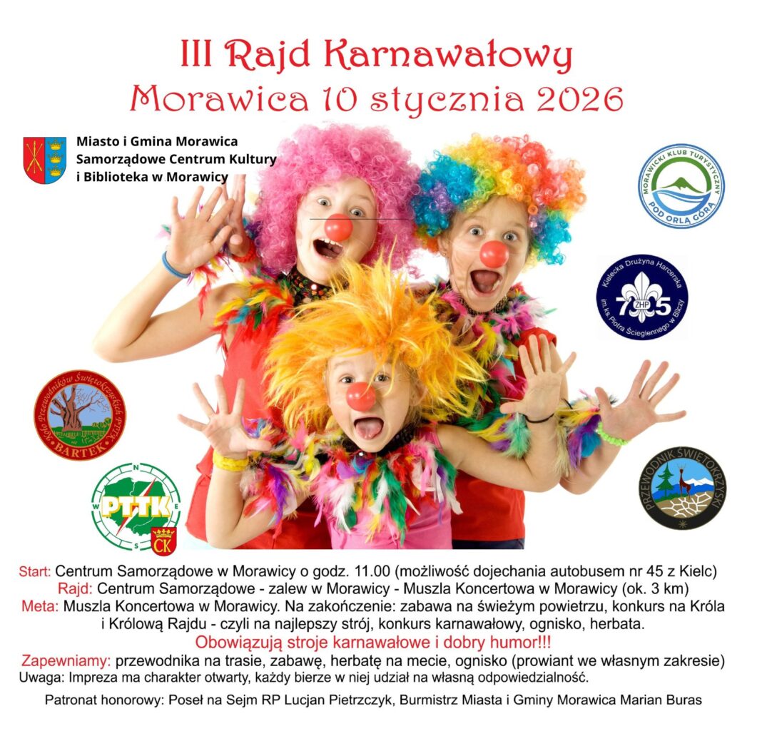 Plakat promujący III Rajd Karnawałowy w Morawicy z kolorowo ubranymi uczestnikami.