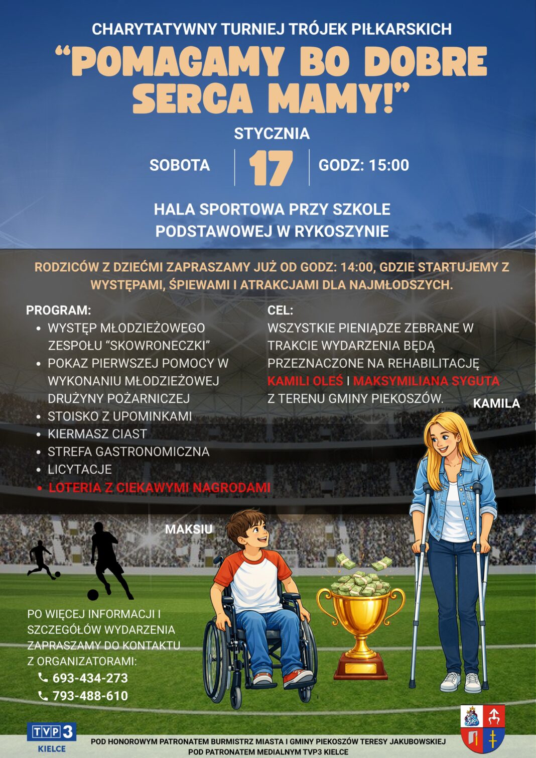 Plakat promujący charytatywny turniej trójek piłkarskich odbywający się w Rykoszynie, 17 stycznia, godzina 15:00, z różnymi atrakcjami dla dzieci.