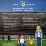 Plakat promujący charytatywny turniej trójek piłkarskich odbywający się w Rykoszynie, 17 stycznia, godzina 15:00, z różnymi atrakcjami dla dzieci.