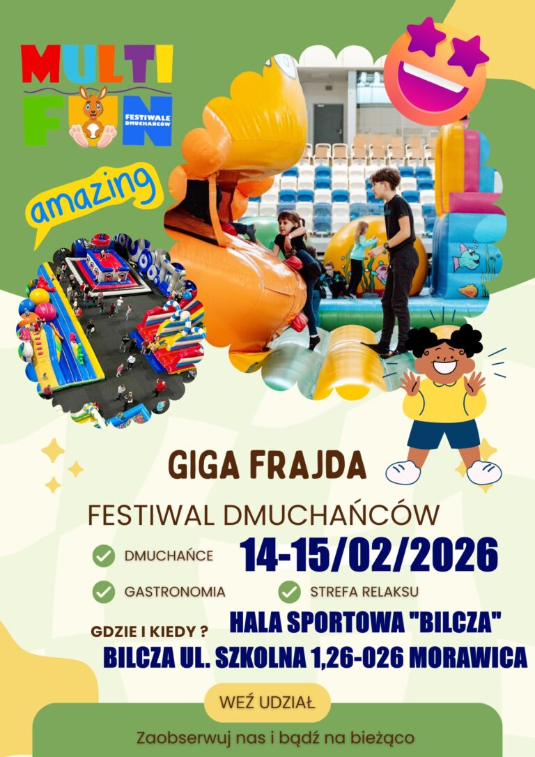 Plakat promujący Festiwal Dmuchańców w Bilczy z dmuchańcami i dziećmi na tle.