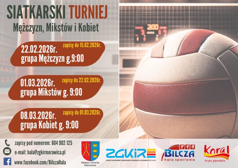 Grafika promująca Siatkarski Turniej 2026 z terminami zapisów dla różnych grup.