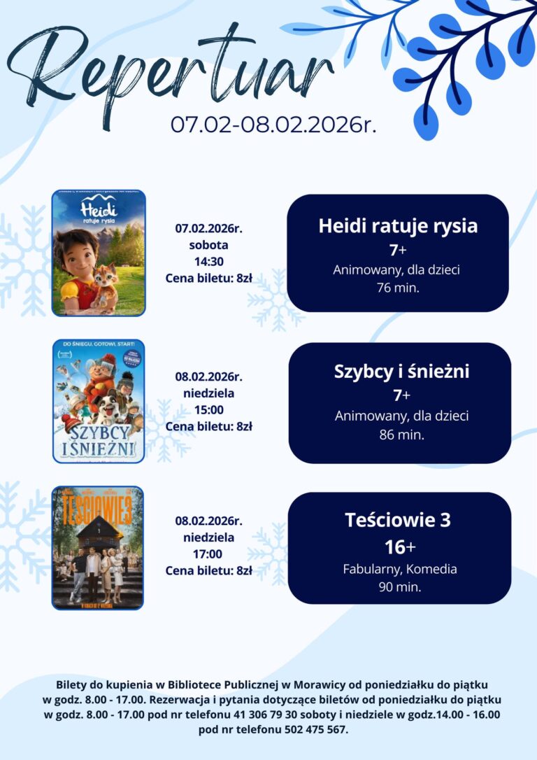 Plakat repertuaru Kina za Rogiem w Morawicy z terminami seansów od 7 do 8 lutego 2026 roku.