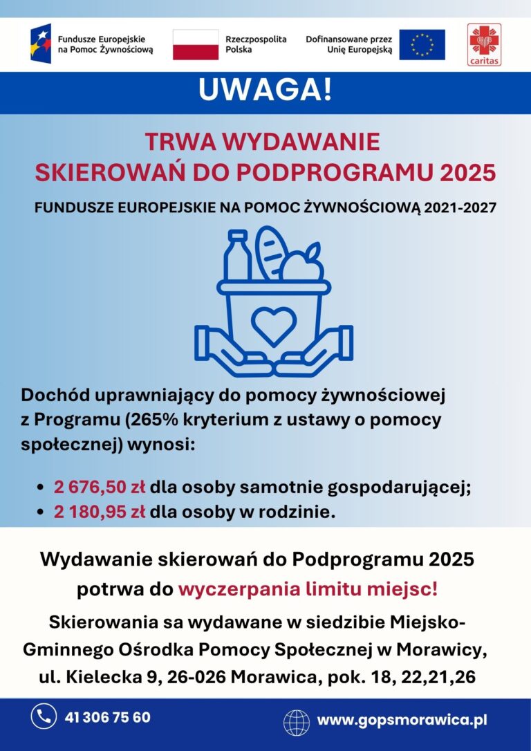 Informacja o wydawaniu skierowań na Program FE Pomoc Żywnościowa 2025.