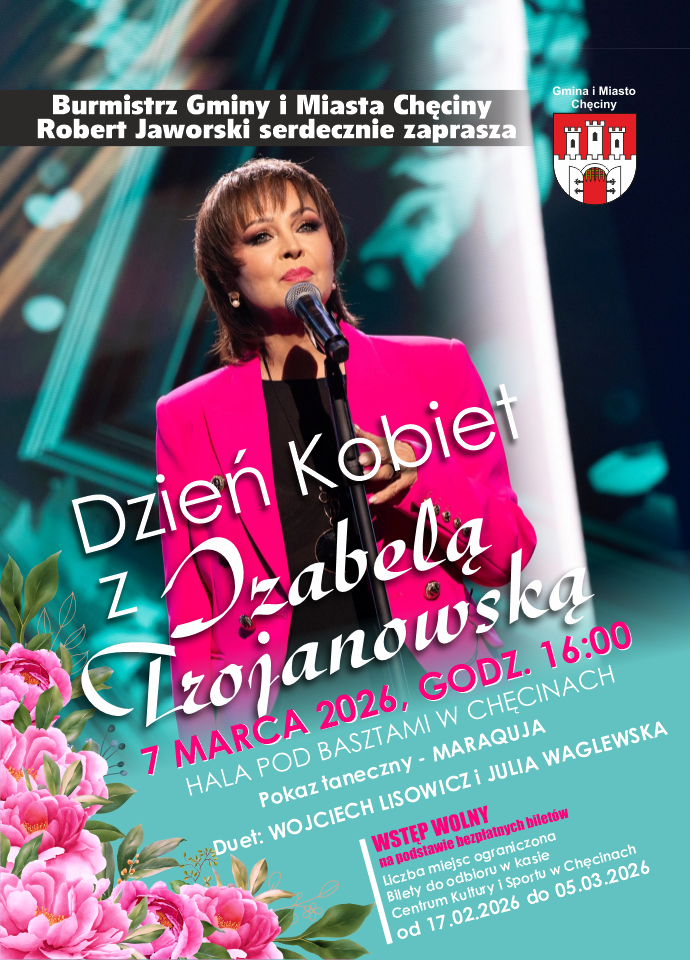 Plakat promujący Dzień Kobiet z Izabelą Trojanowską w Chęcinach. Wokalistka w różowej marynarce z mikrofonem.