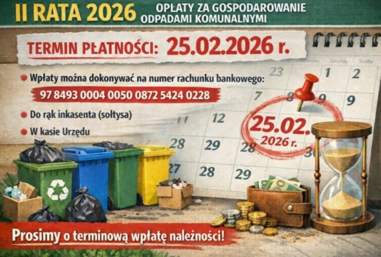 Infografika z informacją o terminie płatności II raty za gospodarowanie odpadami komunalnymi, z kalendarzem i kolorowymi koszami na śmieci.