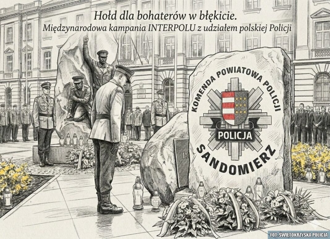 Uroczystość upamiętniająca poległych funkcjonariuszy, pomnik z insygniami Komendy Powiatowej Policji w Sandomierzu.