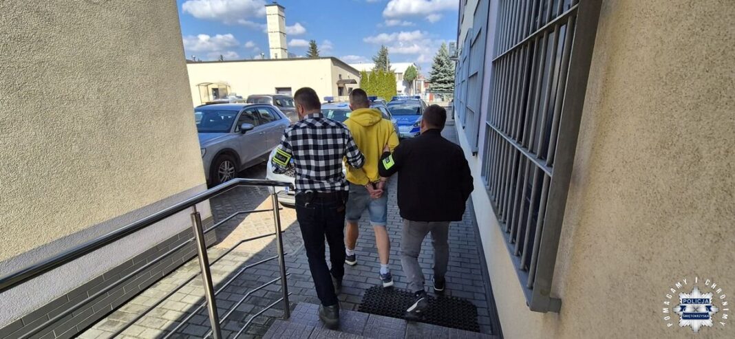 Policjanci prowadzą zatrzymaną osobę, zdjęcie z radiowozami w tle.