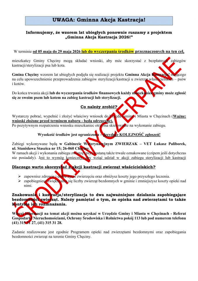 UWAGA: Gminna Akcja Kastracja! – ŚRODKI WYCZERPANE